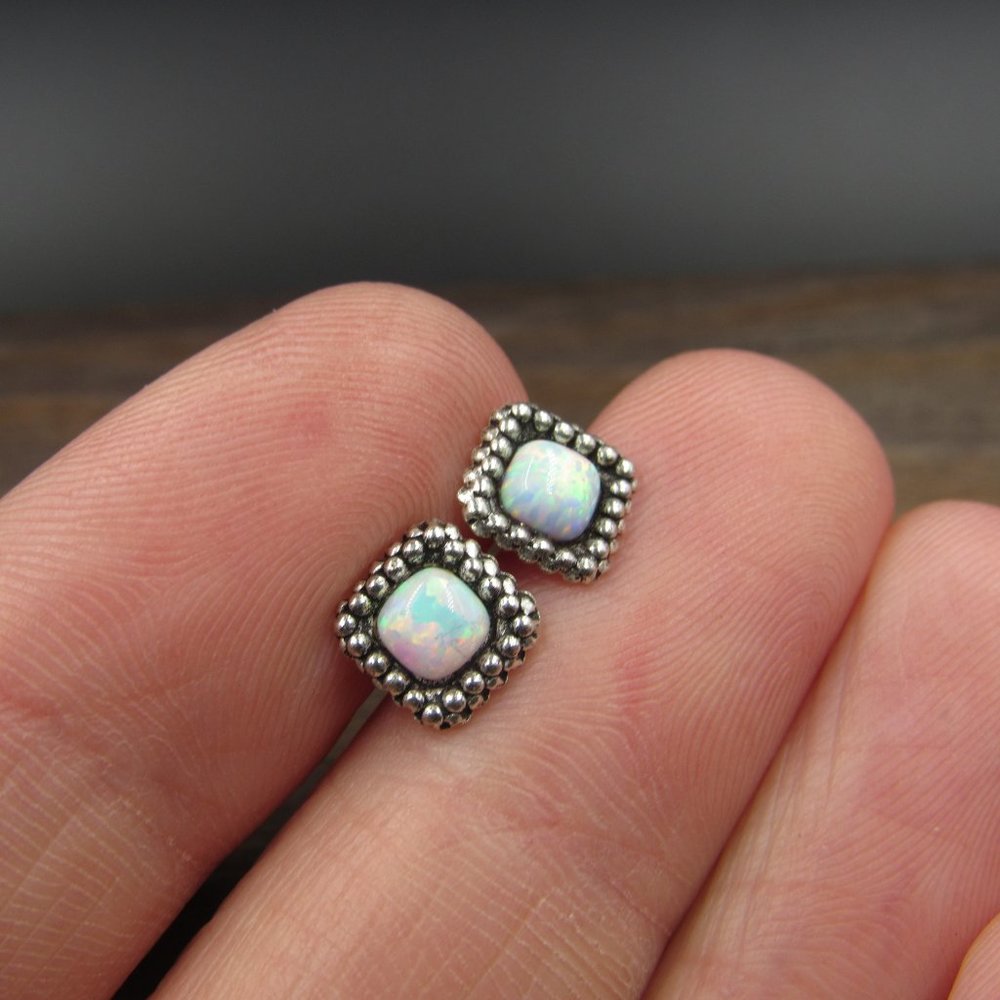Sterling Silver Small Square Opal Stud Earrings V… - image 3
